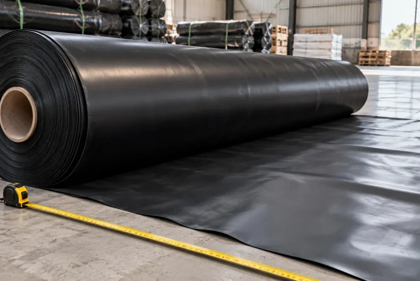 Rollo de geomembrana HDPE negra parcialmente extendido en un almacén