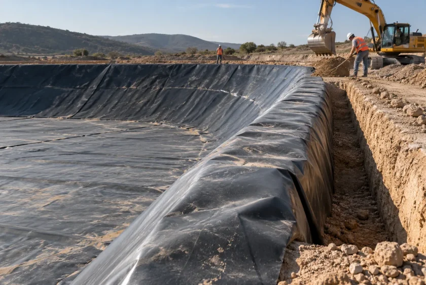Anclaje de geomembrana en el borde de un reservorio con zanja abierta
