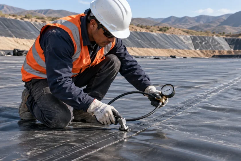 Control de calidad de geomembranas con manómetro y manguera en una unión