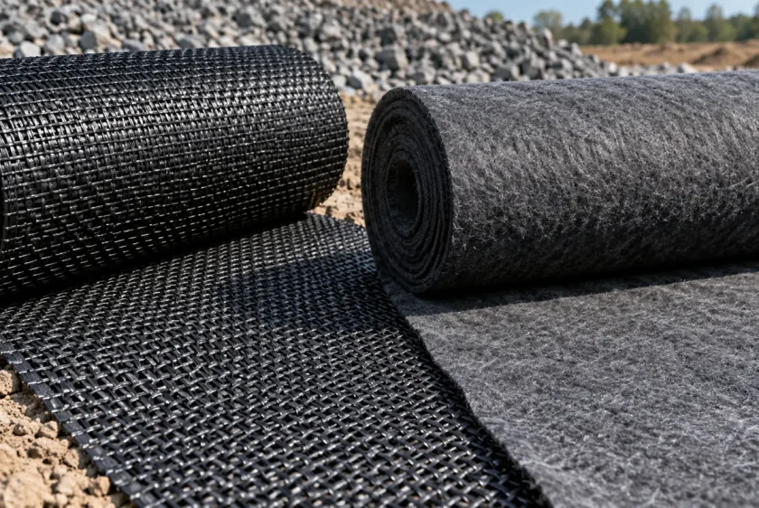 Geotextil tejido y no tejido en dos muestras oscuras