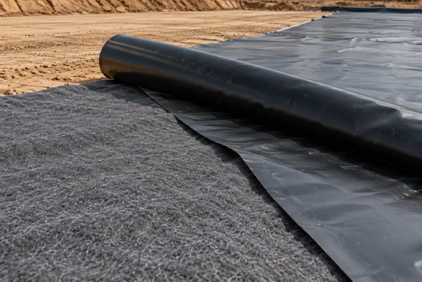 Geotextil para protección de geomembrana colocado bajo una lámina negra