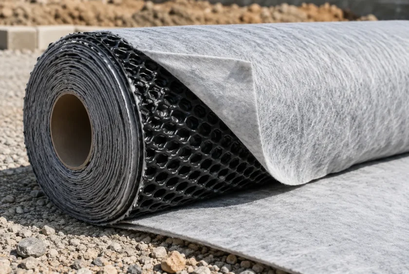 Rollo de geocompuesto de drenaje con núcleo negro y geotextil visible