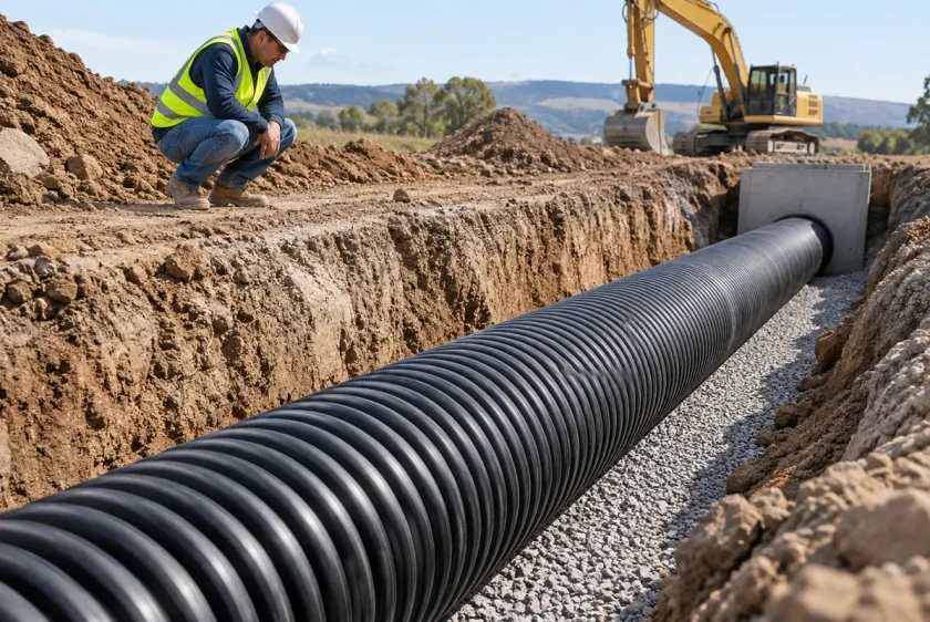 Instalación de tubería corrugada HDPE sobre una cama granular en zanja