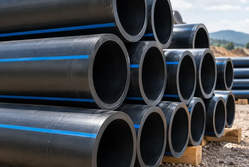 Tubería HDPE lisa negra con franjas azules en un almacén