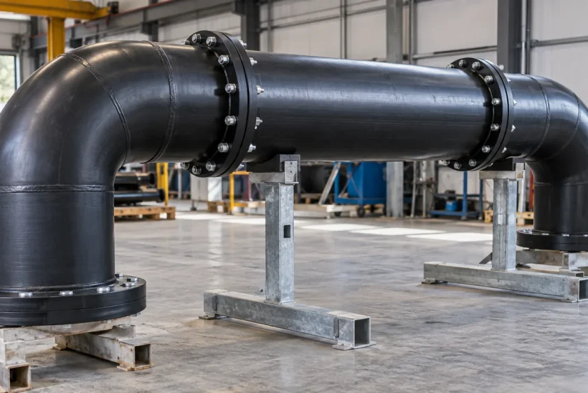 Spool HDPE con codos y extremos bridados en un taller