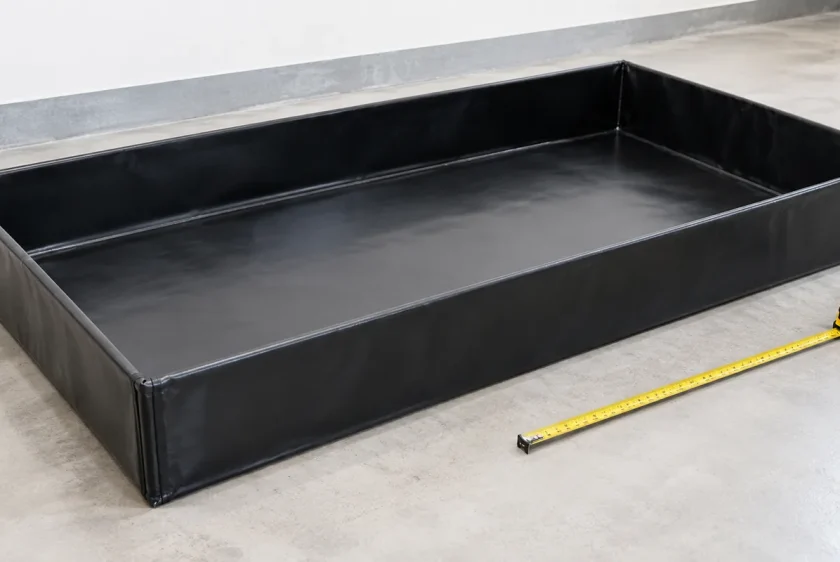 Bandeja antiderrame HDPE rectangular negra junto a una cinta métrica