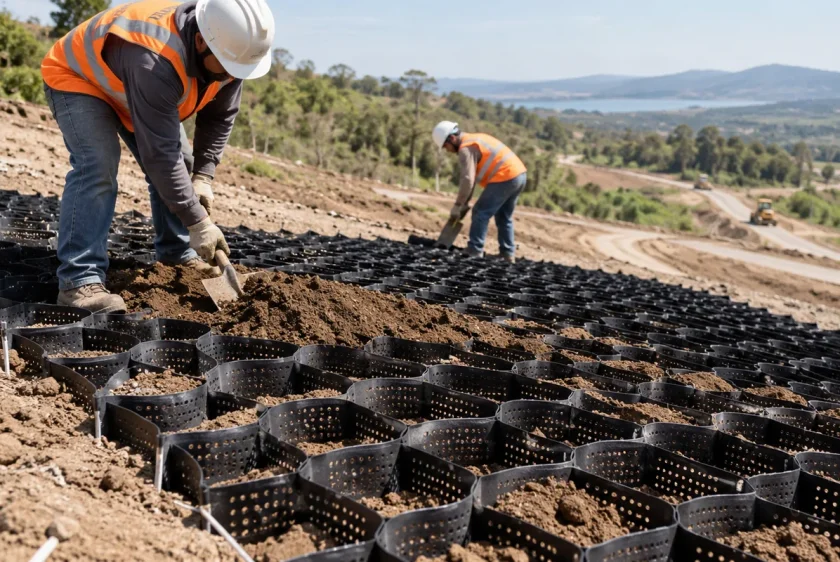 Geoceldas para control de erosión desplegadas y parcialmente rellenas en una pendiente suave